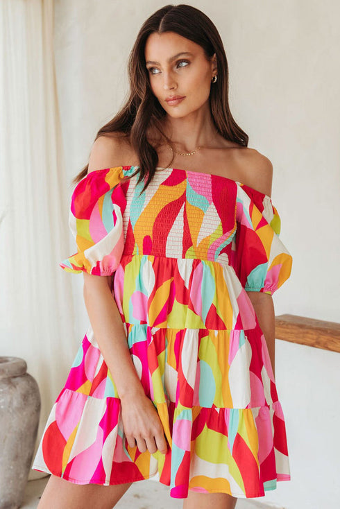 Multicolor Geometric Print Smocked Babydoll Mini Dress